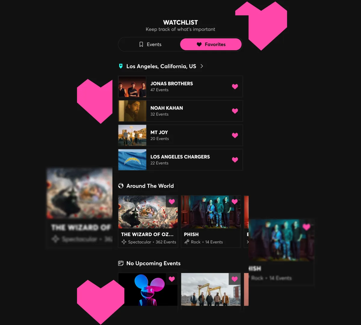 App de Ticketmaster con la función Favoritos, artistas seguidos y próximos eventos