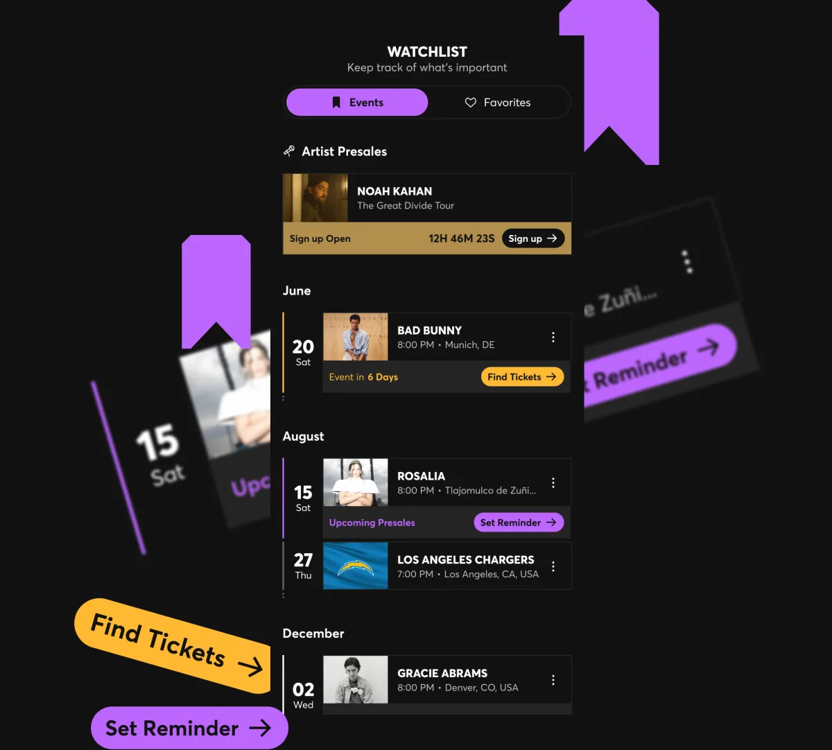 App de Ticketmaster con Lista de seguimiento, próximos eventos y recordatorios